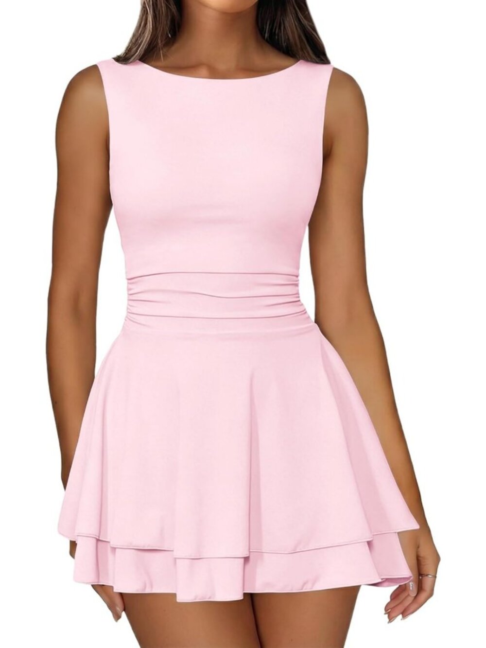 Chic Boat Neck Sleeveless Mini Dress with Tiered Ruffle Hem for Parties